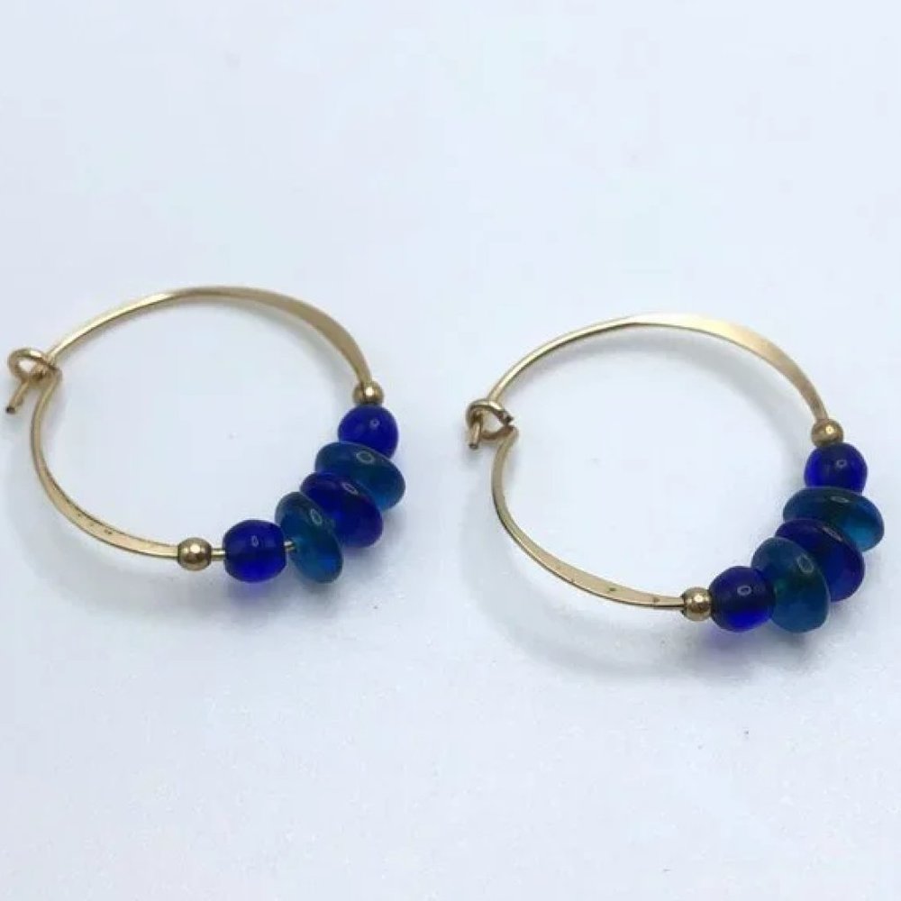 Vintage Gold Tone and Blue Green Glass Bead Hoop Earrings